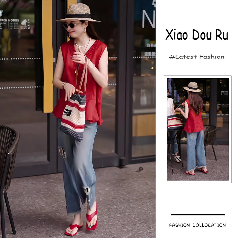 夏季流行穿搭一套新款2025港风气质复古无袖上衣破洞牛仔裤两件套