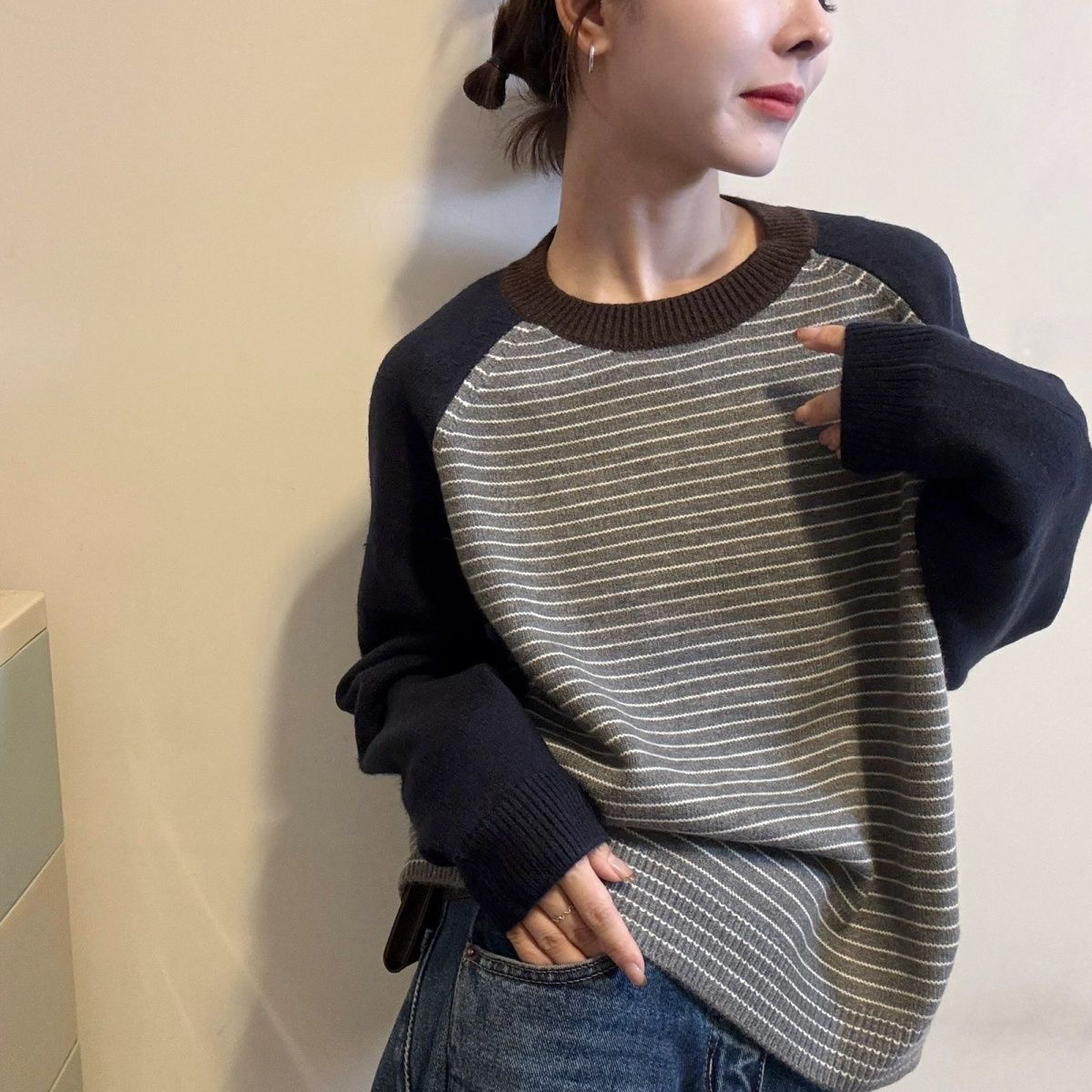 【80-180斤】慵懒风圆领条纹针织上衣女秋冬韩版时尚加厚毛衣打底衫