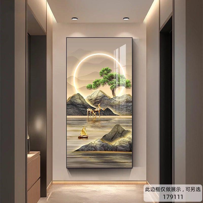 新中式入户玄关装饰画正对门迎客松山水走廊过道挂画高档大气壁画