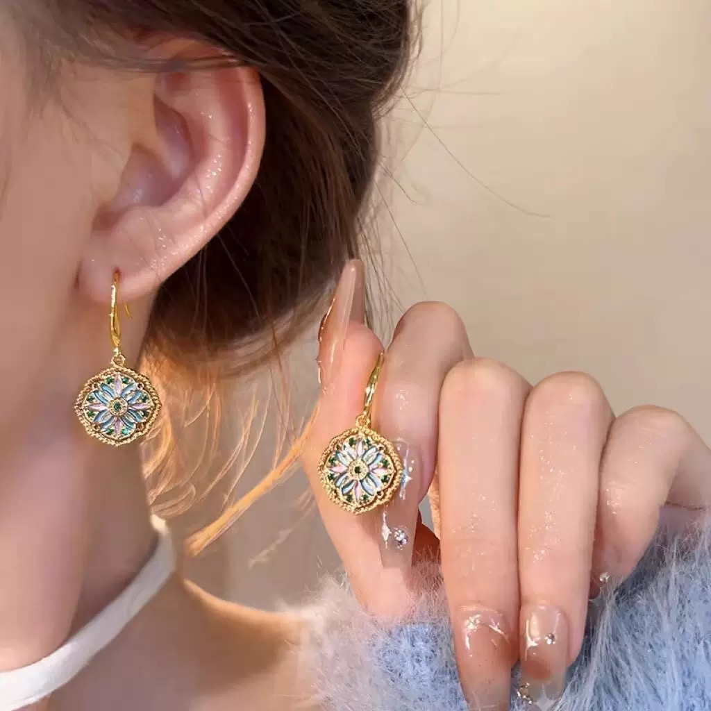 铜合金耳饰 古法珐琅复古油画风花朵耳环女欧美艺术感民族风气质