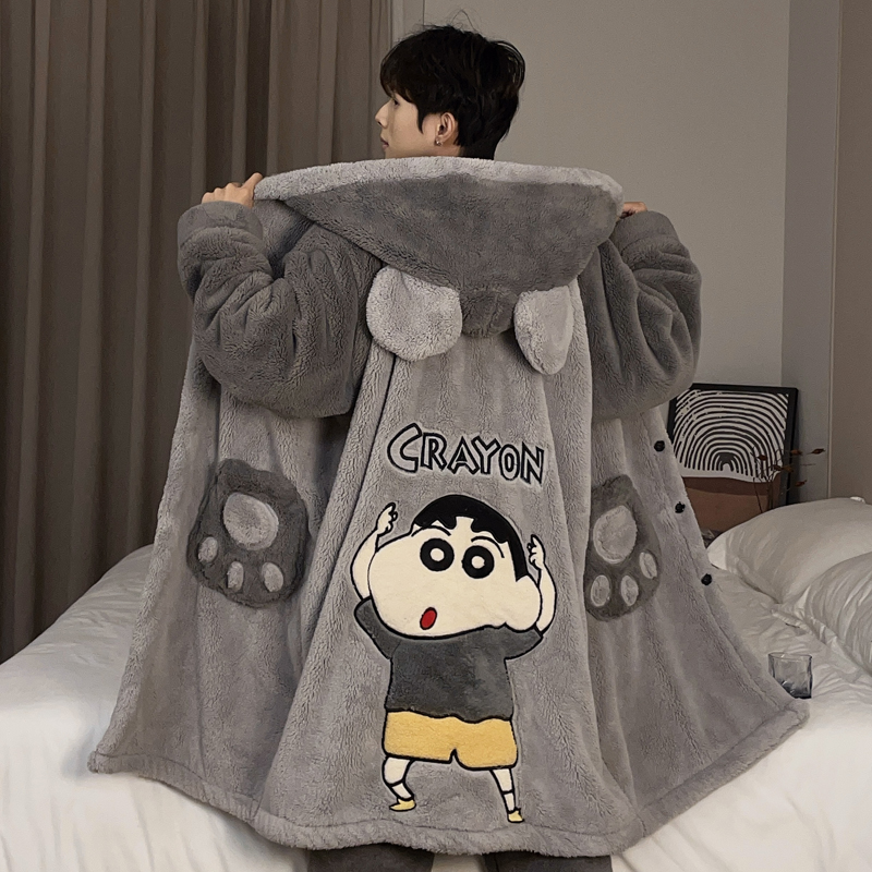 男士睡衣秋冬款加厚加绒珊瑚绒睡袍套装冬季法兰绒浴袍大码家居服