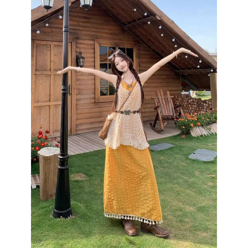 新款西米亚度假套装镂空长裙背心罩衫吊带夏季连衣裙子旅游穿搭