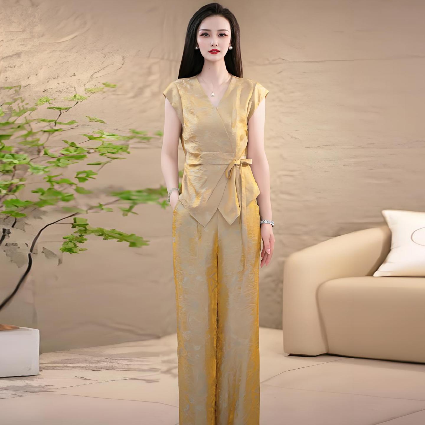 【纪朵研】859#时尚套装女夏新款洋气质显瘦短袖衬衫阔腿裤两件套