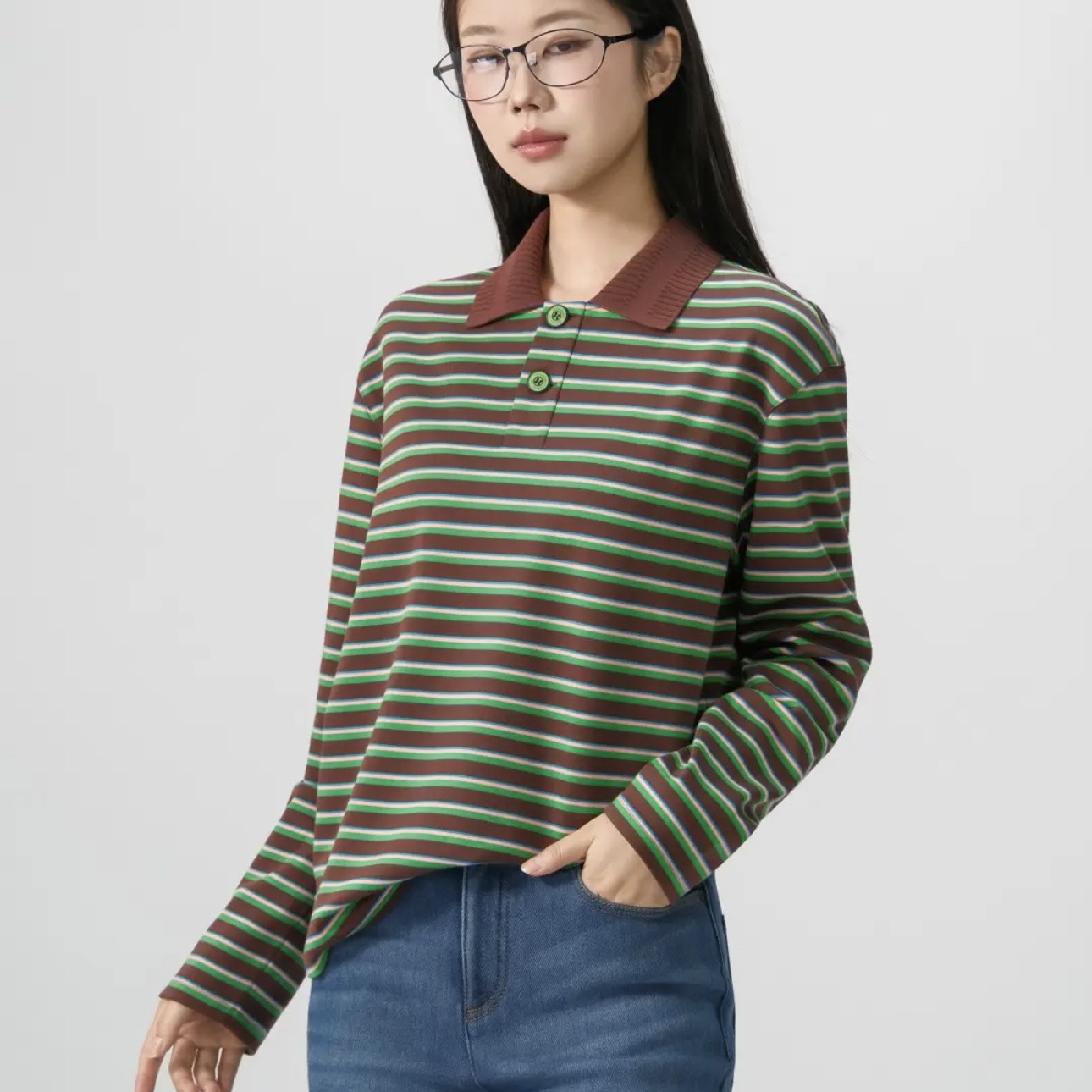 GIRDEAR /哥弟休闲翻领简约百搭显瘦条纹T恤女1301050