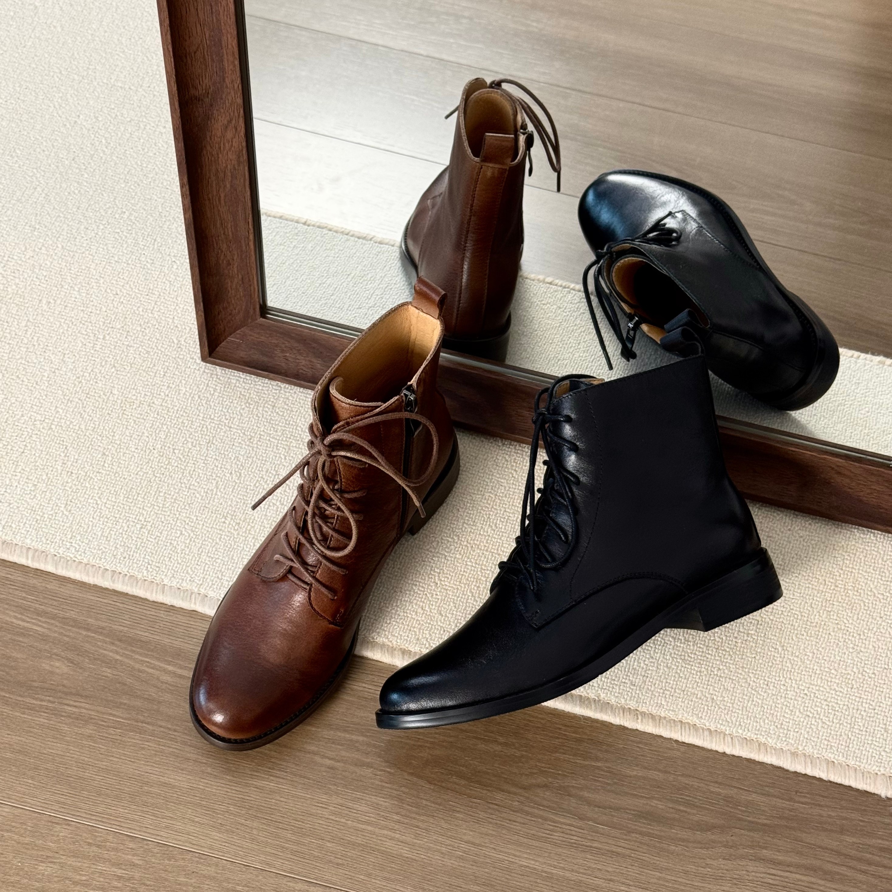 HUSSLOVE 头层牛皮·跟高3CM·复古女休闲风低跟圆头侧拉链马丁靴