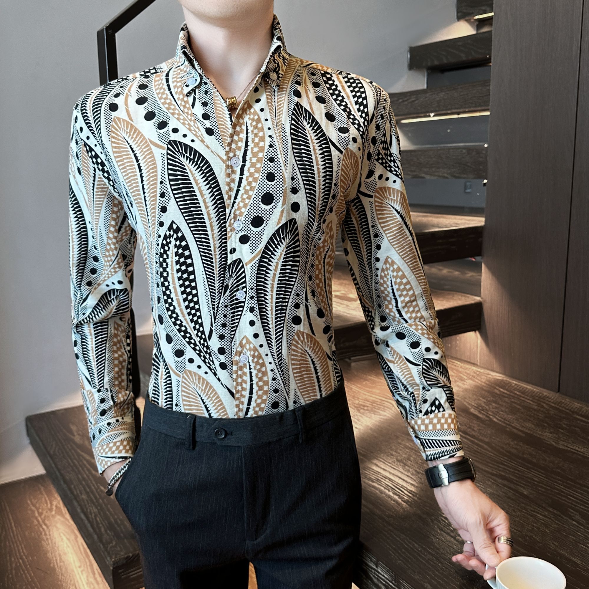 法式大V领花长袖衬衫男士秋季2025新款爆款休闲印花衬衣潮流痞帅