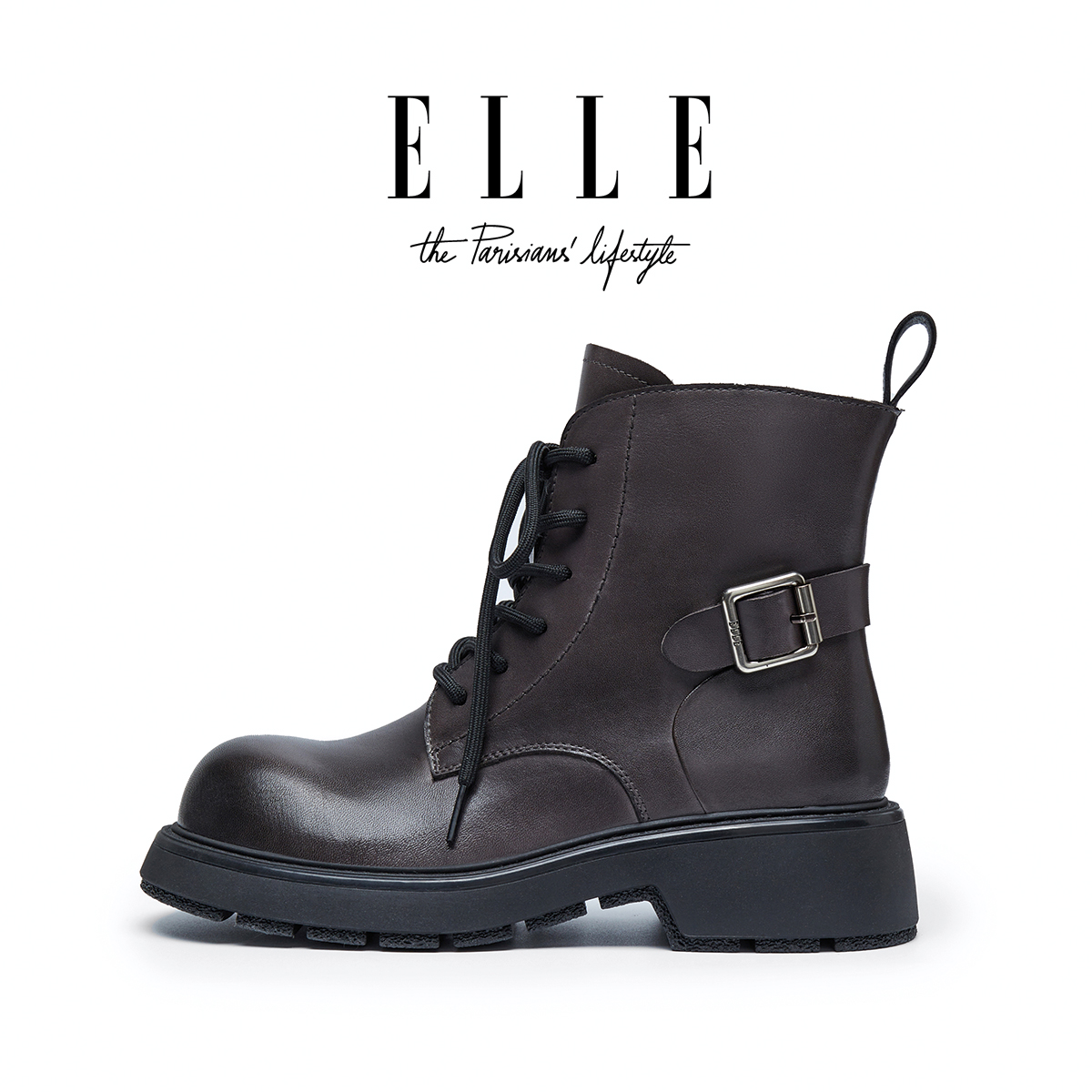 ELLE复古英伦风马丁靴女2025秋冬季新款皮带扣水洗牛皮美拉德短靴