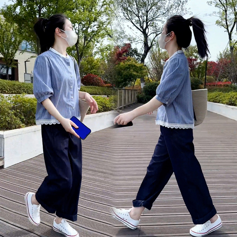 小个子穿搭一整套女夏季爆款设计感小众条纹衬衫直筒休闲裤两件套