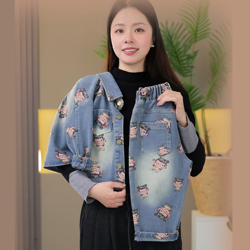 2025儿童春季新款哪吒卡通软牛仔外套软牛仔裤男童女童休闲套装