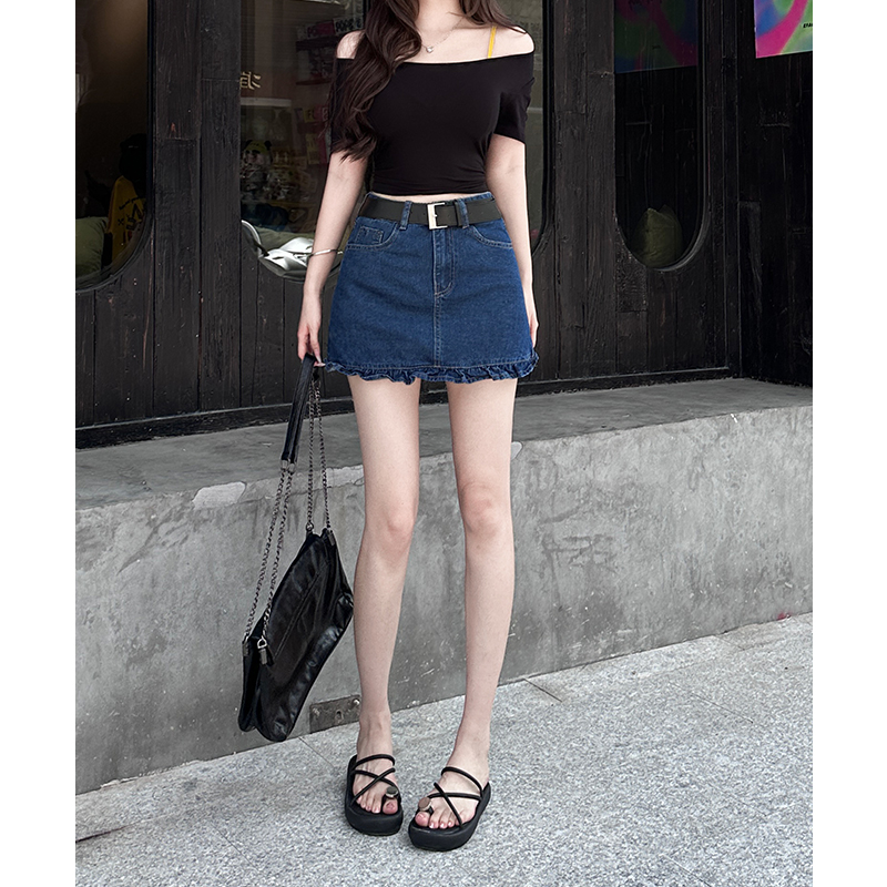 2025年秋季新款韩系高腰牛仔裙百搭时尚木耳边A字防走光半身短裙