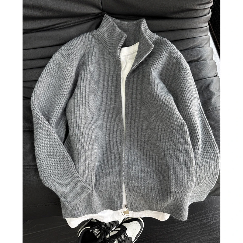 cleanfit灰色拉链毛衣男秋冬款慵懒风针织开衫外套高级感立领夹克
