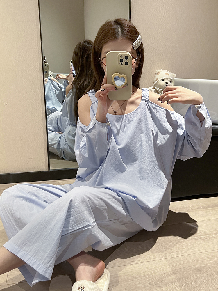韩系露肩长袖长裤纯棉睡衣女早秋季甜美阔腿裤宽松少女家居服套装