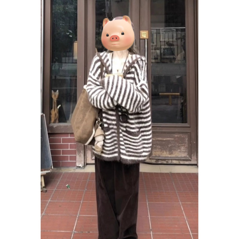 撞色条纹软糯连帽毛衣开衫女秋冬季加厚宽松慵懒风中长款针织外套
