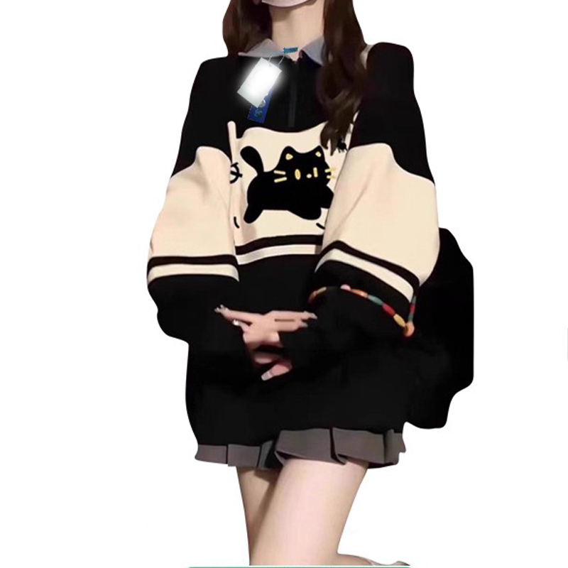 特大码300斤拼色半拉链印花小猫卫衣女宽松学院风百搭polo领上衣