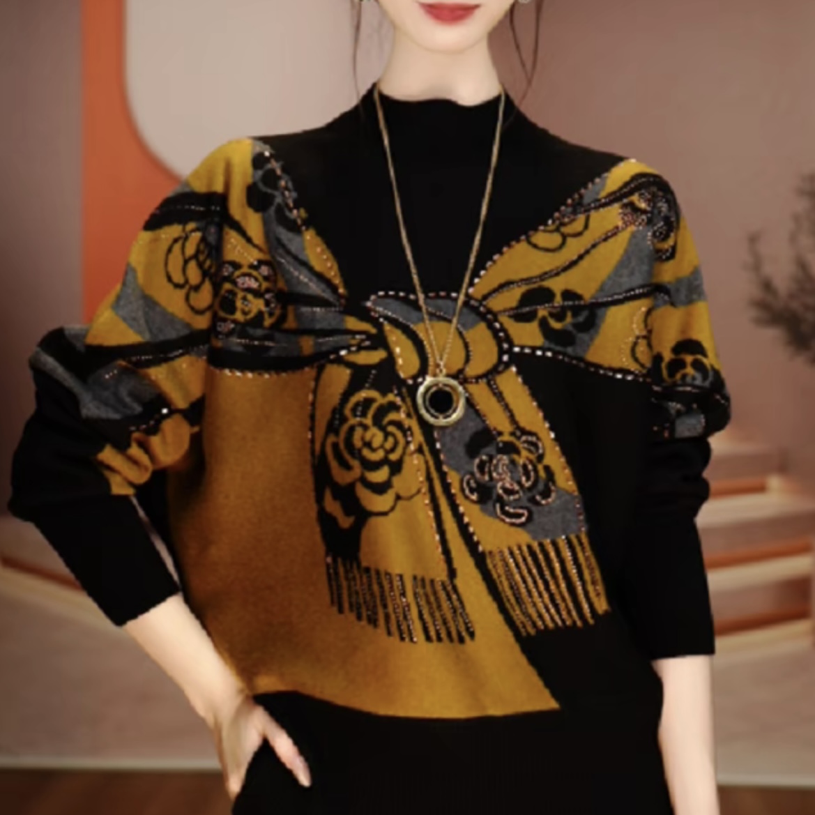 秋冬新款时尚高端针织打底衫洋气提花烫钻宽松显瘦保暖长袖毛衣女