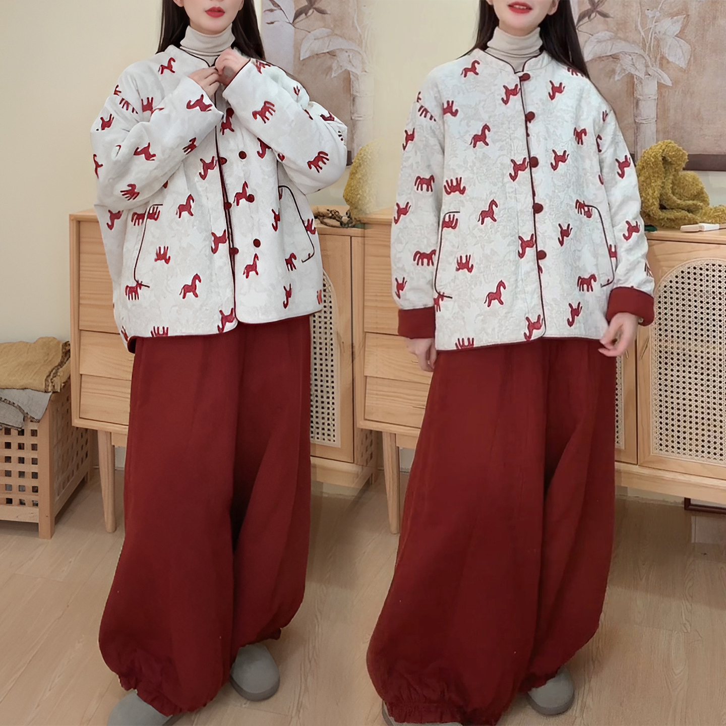 新中式国风印花复古夹棉双面穿外套女冬季2025新款花苞阔腿裤套装