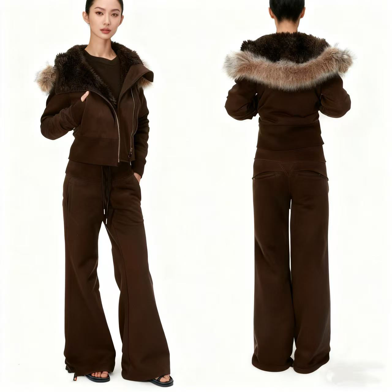 连帽毛领斜襟毛绒内胆棉服外套高腰微喇裤运动修身套装