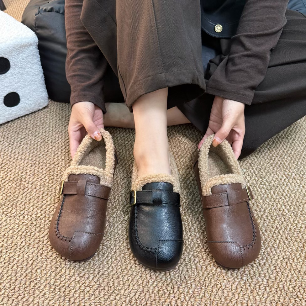 冬季加绒厚底秋冬加绒一脚蹬女鞋时尚豆豆鞋乐福鞋妈妈鞋