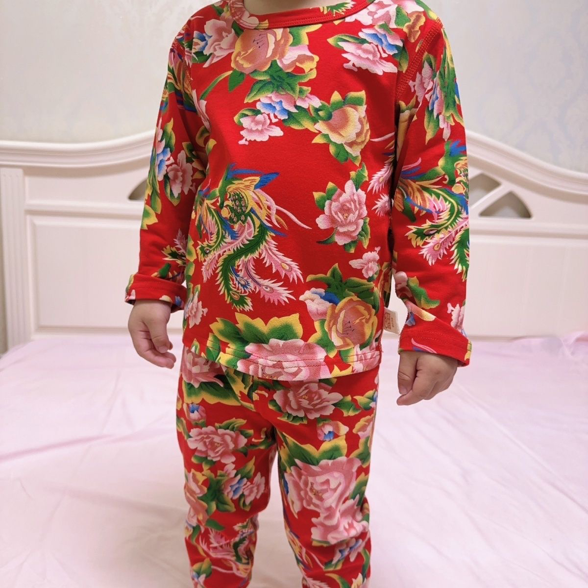 小文熊新年东北大花儿童内衣红色纯棉无骨秋衣秋裤套装家居服衬衣