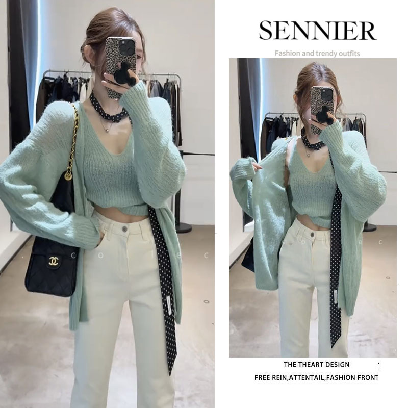 【现货】早秋穿搭女2025新款韩版慵懒针织开衫百搭显瘦背心两件套装