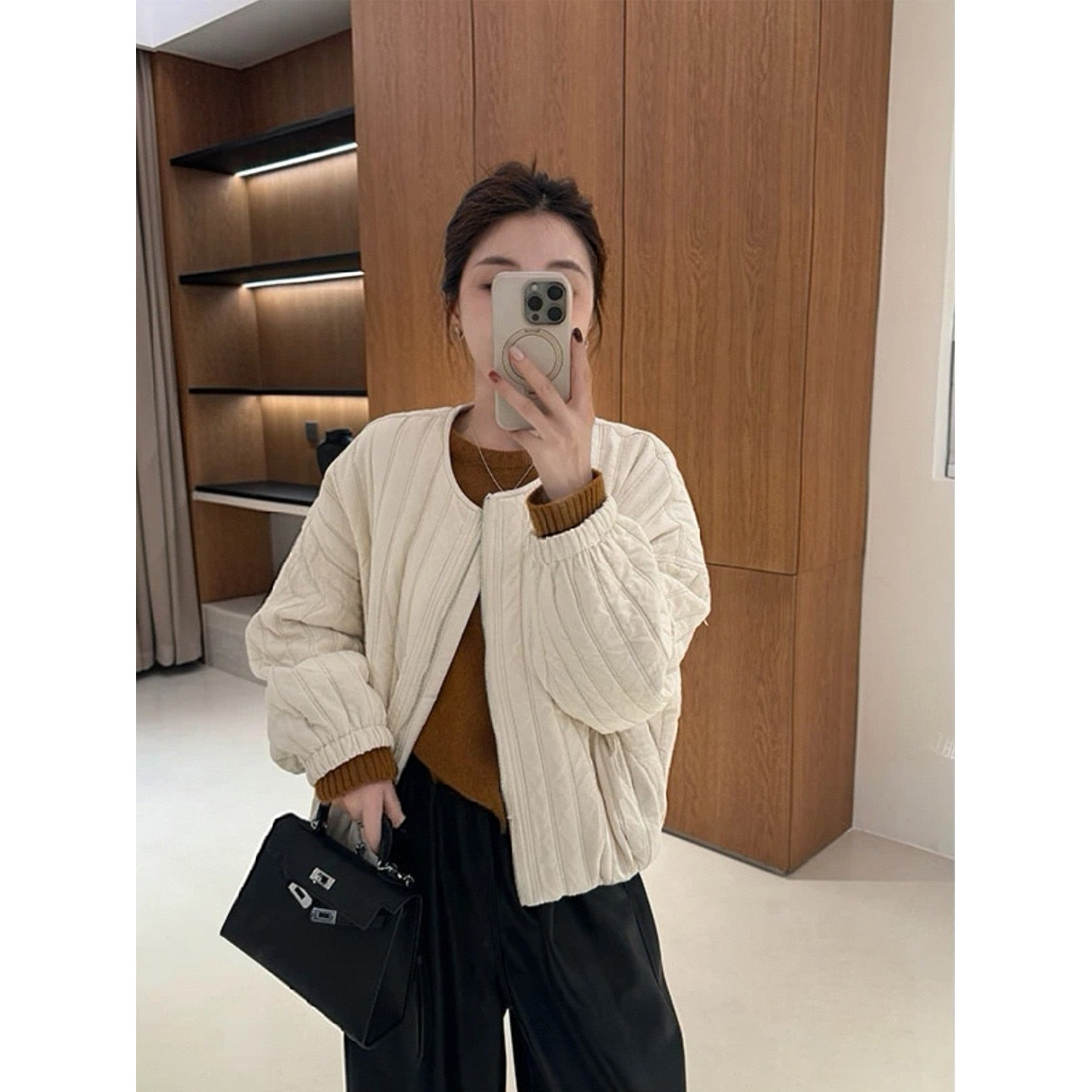 正品爆款高级感竖条纹加棉短外套女2025春装新款休闲宽松轻薄棉服