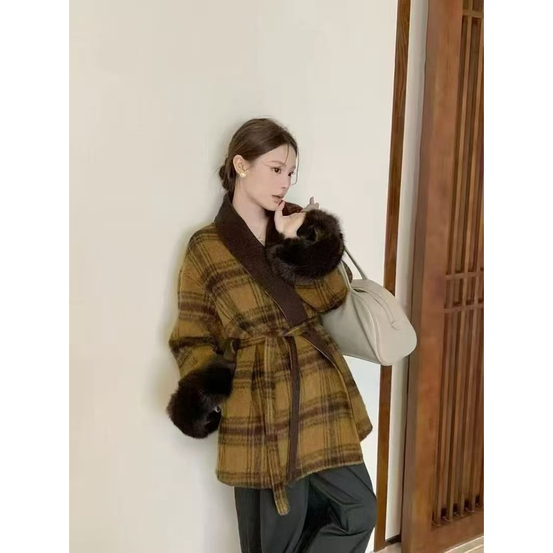 三彩2025狐狸毛双面羊毛复古文艺狐狸毛领双面呢毛呢外套羊毛女小