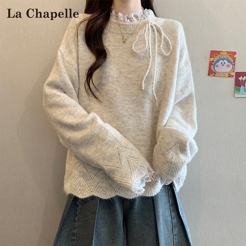 拉夏贝尔法式蕾丝拼接长袖针织衫毛衣女秋冬季大码胖mm假两件上衣