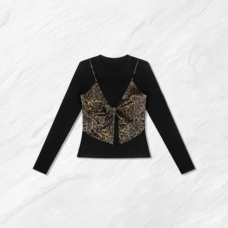 2026春秋新款欧货时髦豹纹吊带拼接上衣女T恤显瘦气质百搭打底衫