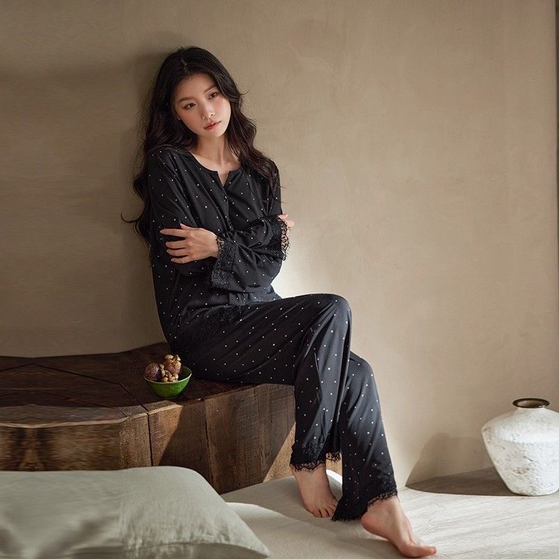 春秋季新款莫代尔棉女士睡衣套装带胸垫舒适休闲可外穿家居服