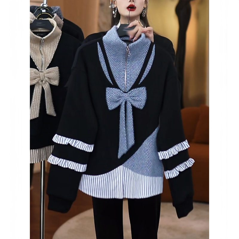 2025秋冬季新款轻奢舒适感重工蝴蝶结撞色拼接假两件显瘦气质卫衣