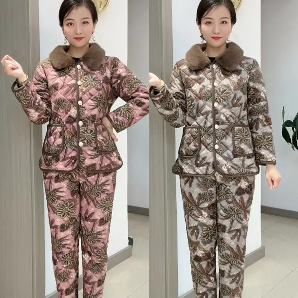 【新款】时尚气质毛毛翻领树叶花休闲宽松加绒加厚保暖套装妈妈装