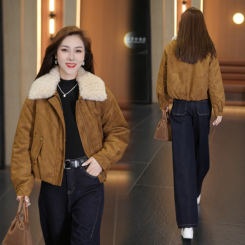 爆款夹棉加厚可脱卸毛领麂皮绒棉服外套女秋冬2025夹克保暖派克服