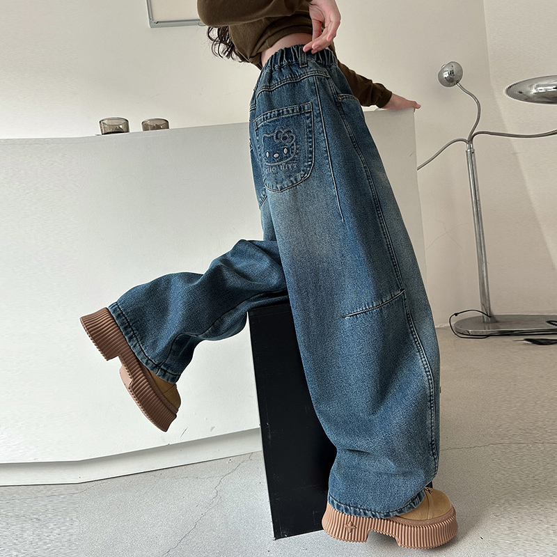 女童加绒牛仔裤秋冬装2025新款韩版洋气休闲裤儿童装加厚弯刀裤子