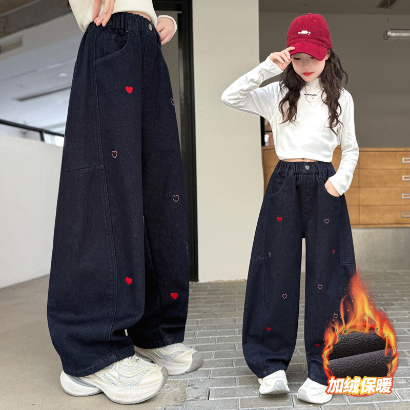 宝宝秋冬阔腿新款卫裤显瘦高腰直筒宽松加绒中大童保暖加厚弯刀裤