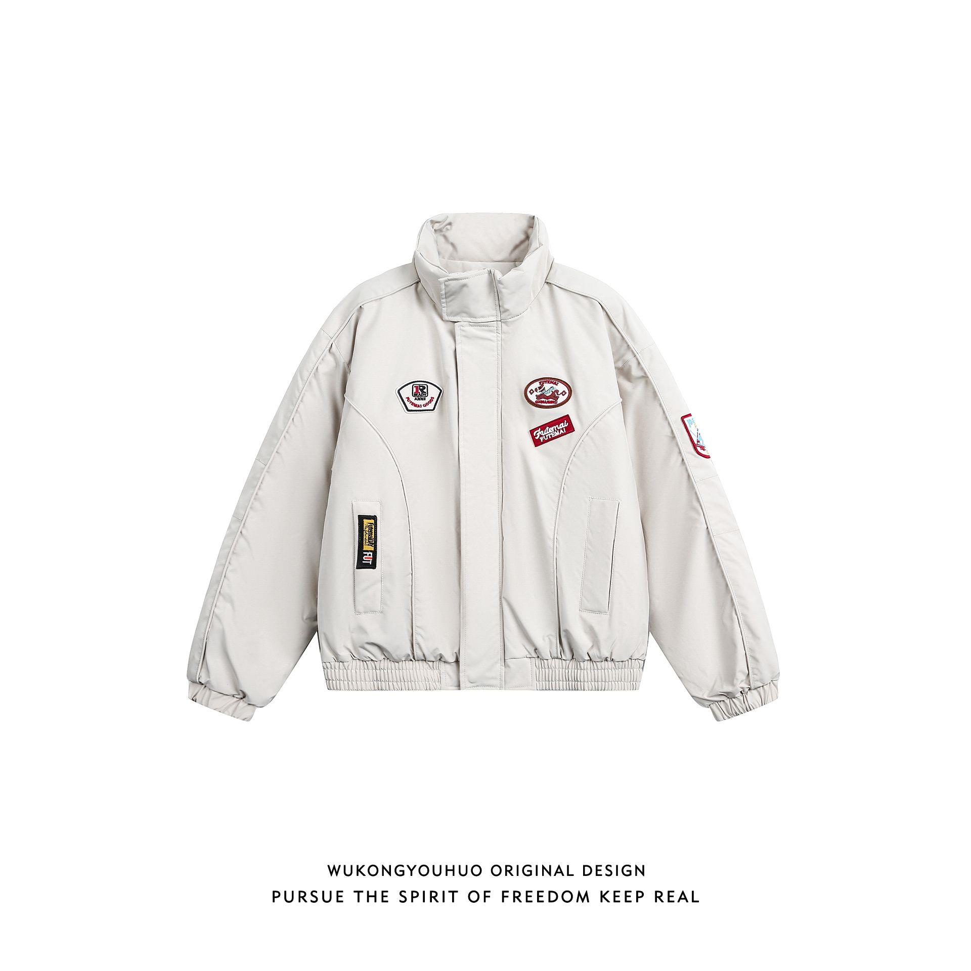 悟空有货潮牌美式复古徽章刺绣解构立领棉服男女冬季情侣保暖棉衣