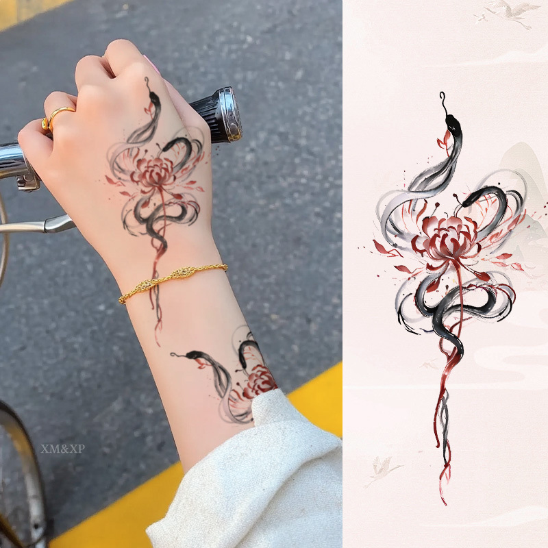 彩色纹身贴水墨新中式国风梅花男女防水持久高级感手腕手臂贴纸