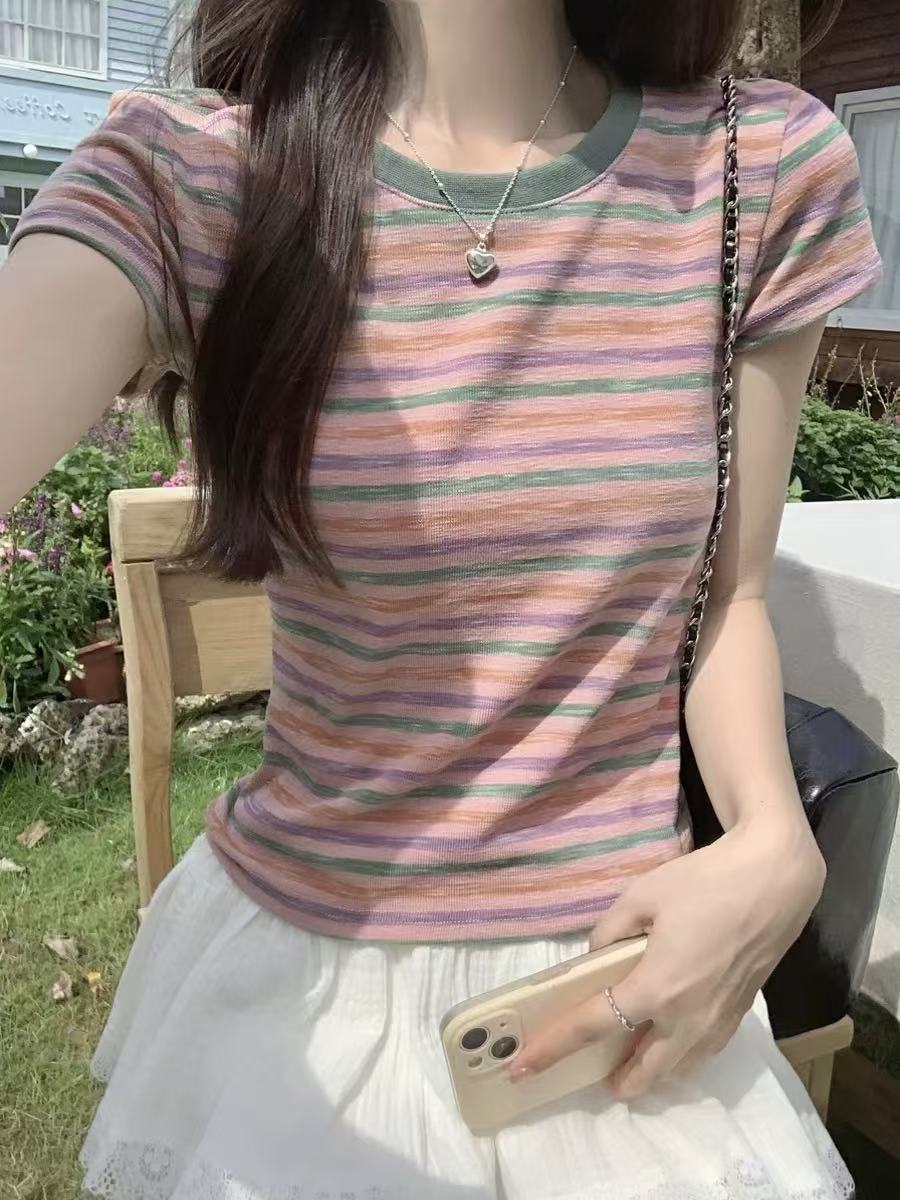 9102#透气竹节棉条纹短袖T恤女韩版修夏季显瘦百搭上衣设计感潮