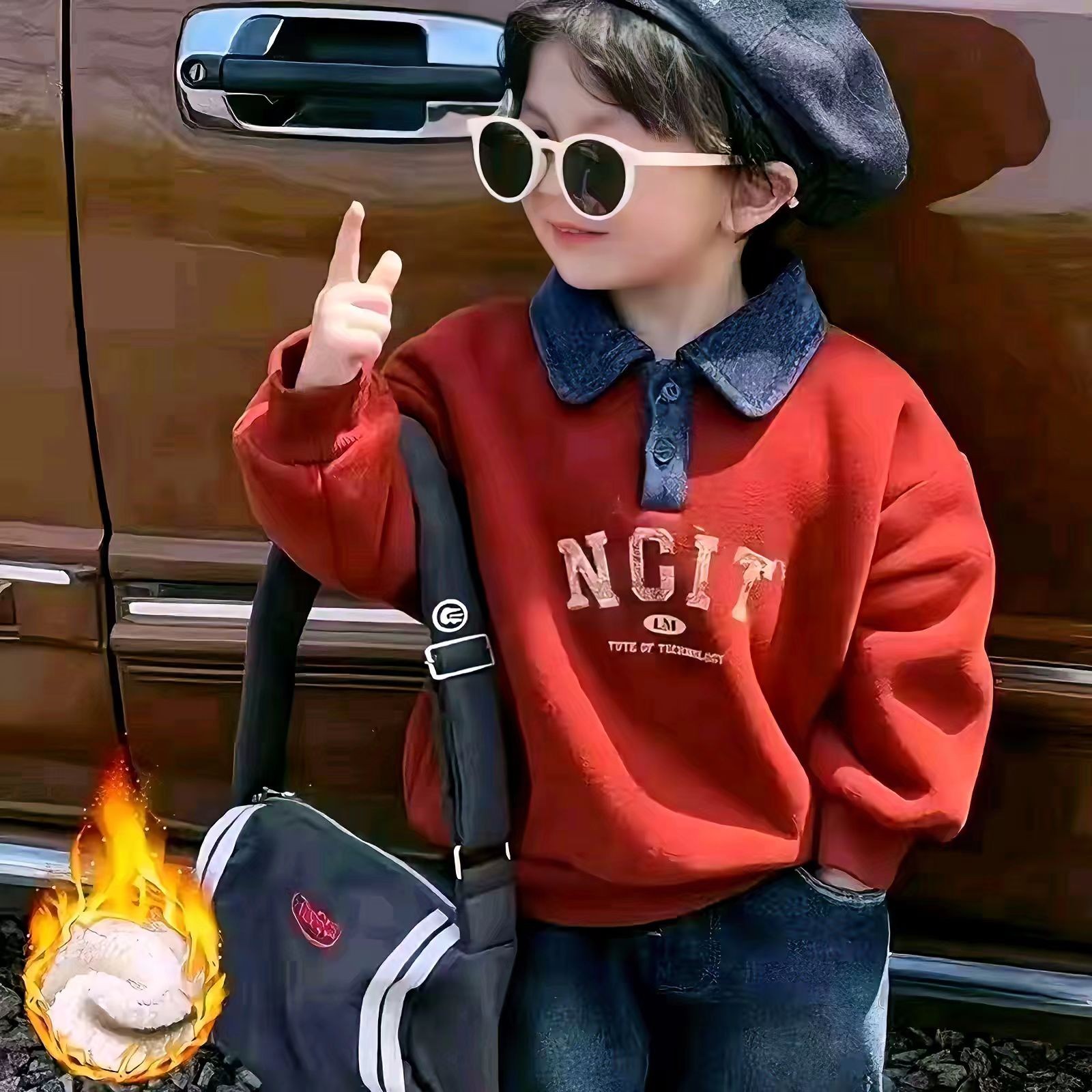 2025儿童冬季加绒加厚上衣POLO衫洋气安哥拉红奥利绒卫衣男女童