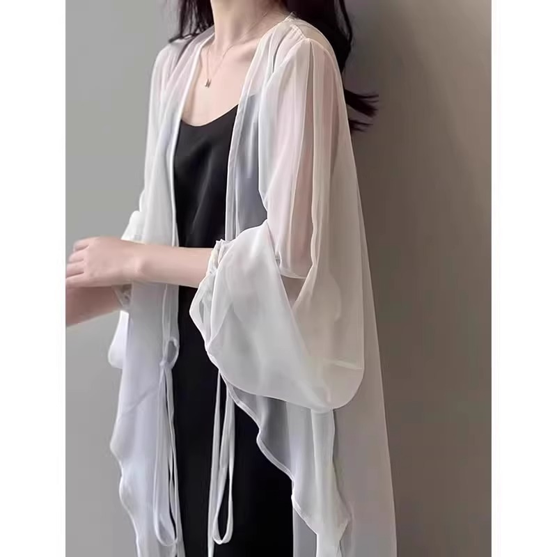 新中式微透薄纱防晒开衫女夏季轻薄透气配裙子披肩中长款雪纺上衣