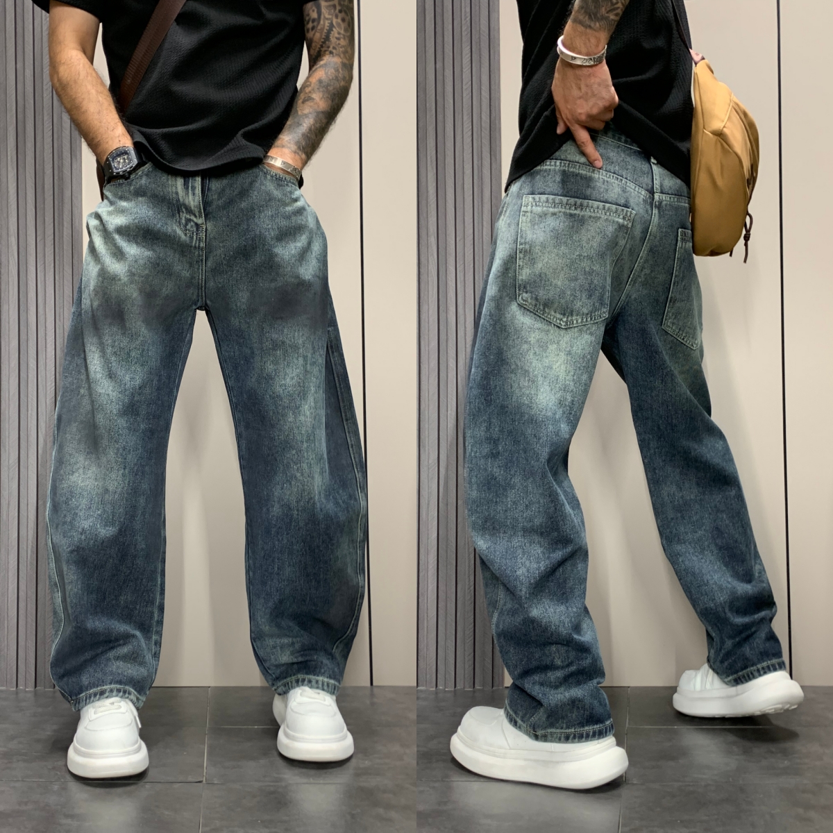 美式复古做旧多口袋拼接工装牛仔裤男秋季宽松直筒休闲阔腿弯刀裤