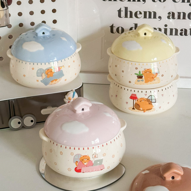 高颜值猫咪陶瓷炖罐儿童专用蒸蛋碗带盖隔水炖瓦罐双耳小汤盅蒸盅