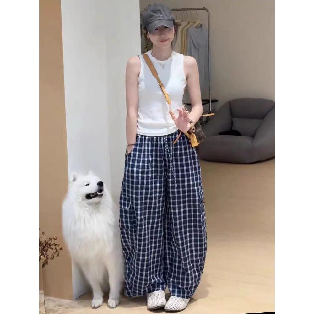 韩系设计感无袖背心+格子直筒裤套装女2025夏季新款宽松显瘦长裤