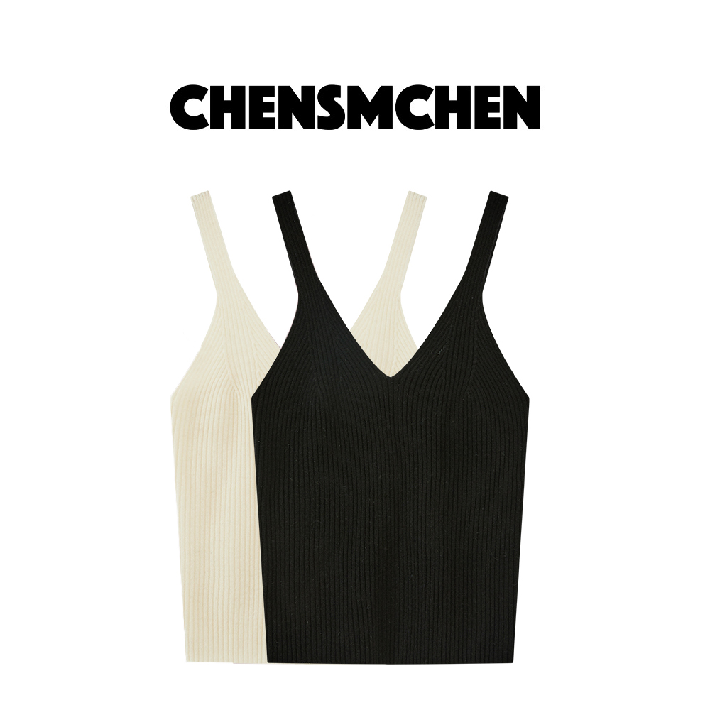 CHENSMCHEN 100绵羊毛V领无袖背心女显瘦扬子纱羊毛吊带CSB6598TT