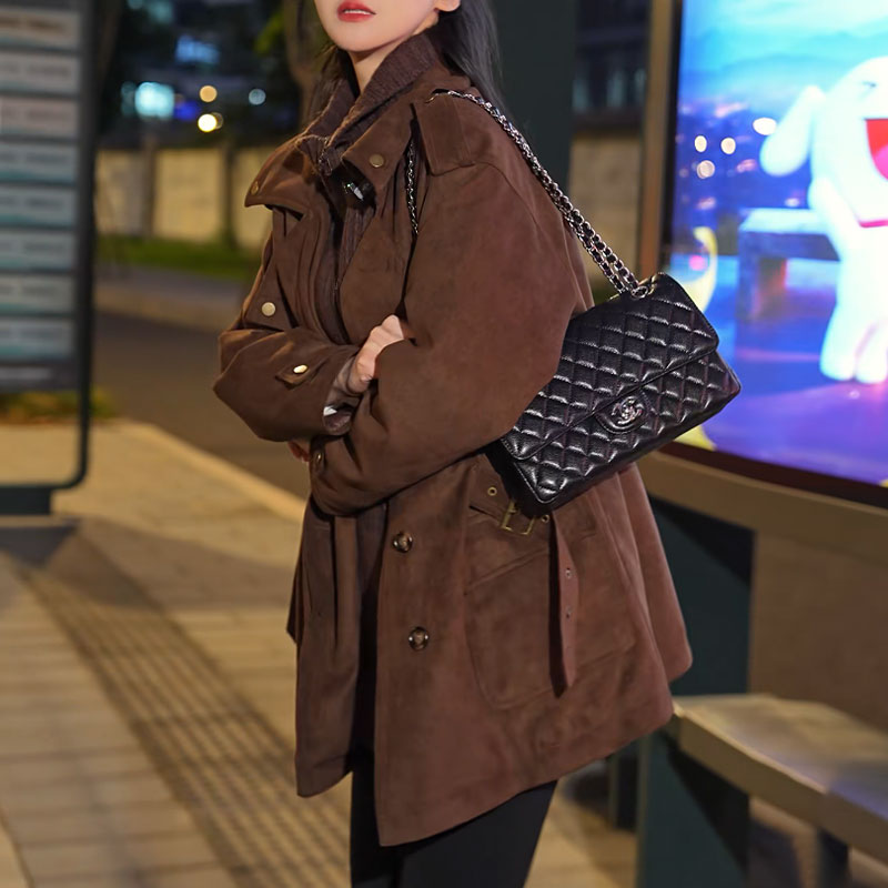 美拉德麂皮绒大衣外套女冬季2025新款小个子高级感立领加厚棉服女