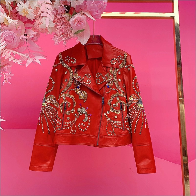 A3071欧美设计师2025秋季新款重工钉钻刺绣亮片潮酷机车外套