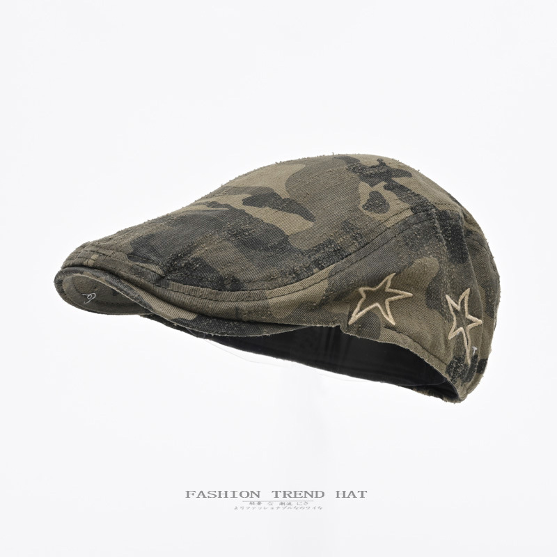 美式复古迷彩前进帽男女春夏季小众百搭鸭舌贝雷帽刺绣星星报童帽