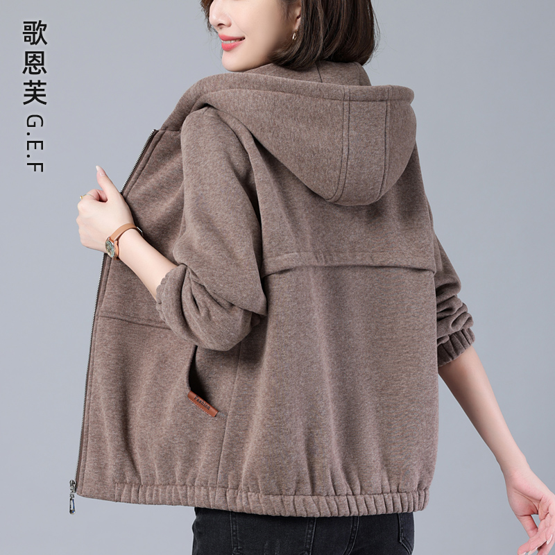 卫衣女春秋冬季2024新款加厚加绒洋气中老年妈妈连帽休闲开衫外套