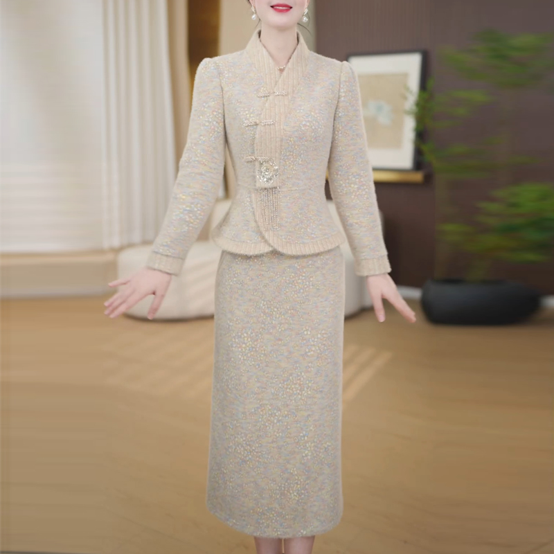 高级雪花绒中式加厚上衣半身裙两件套2025冬季新款加厚优雅连衣裙