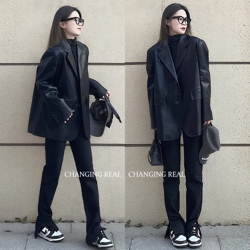 气质显瘦黑色皮衣外套女2025年秋冬季小个子西装百搭休闲复古西服