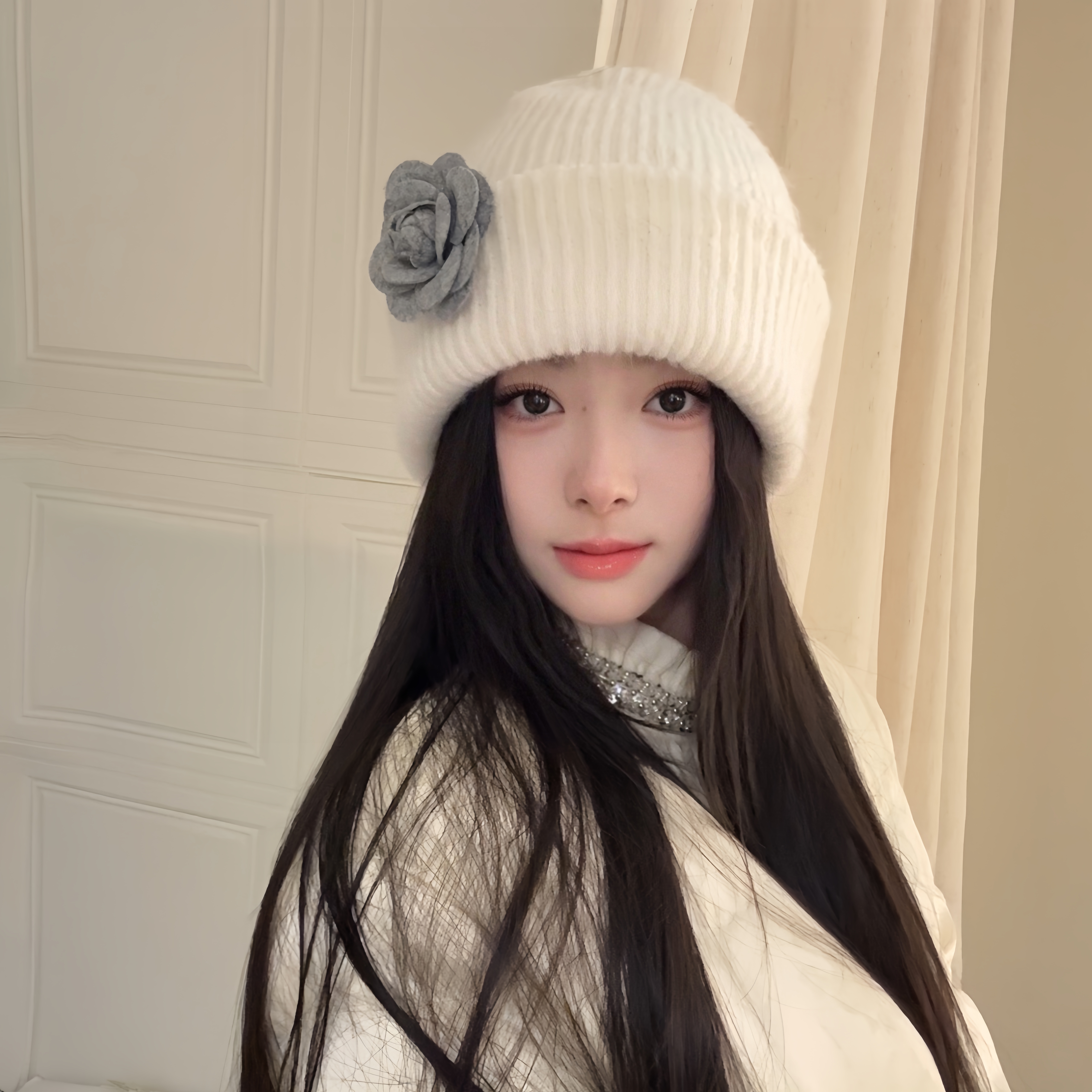 帽子小香风网红秋冬包头帽时尚韩系冬季针织帽加厚立体花款针织帽